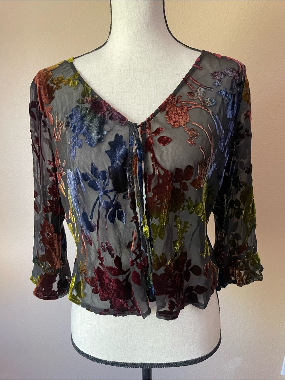 Black Silk Blend Burnout Velvet Floral Sheer Blouse Top Tie-Front Whimsigoth XL